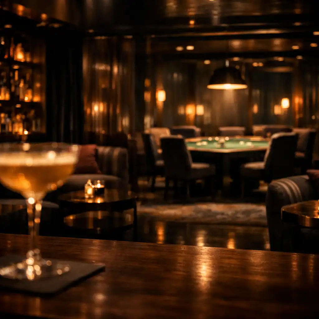 Tlumený lounge bar navazující na diskrétní prostor s pokerovým stolem