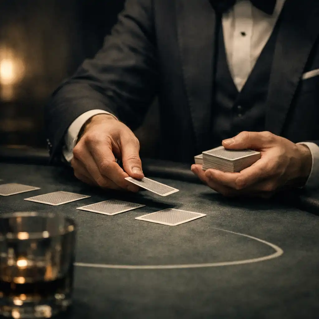 Ruce profesionálního krupiéra rozdávající karty na kvalitním pokerovém stole