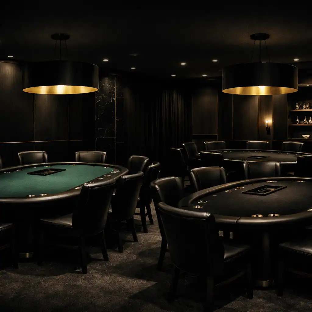 Smaragdový a černý pokerový stůl v připraveném card lounge