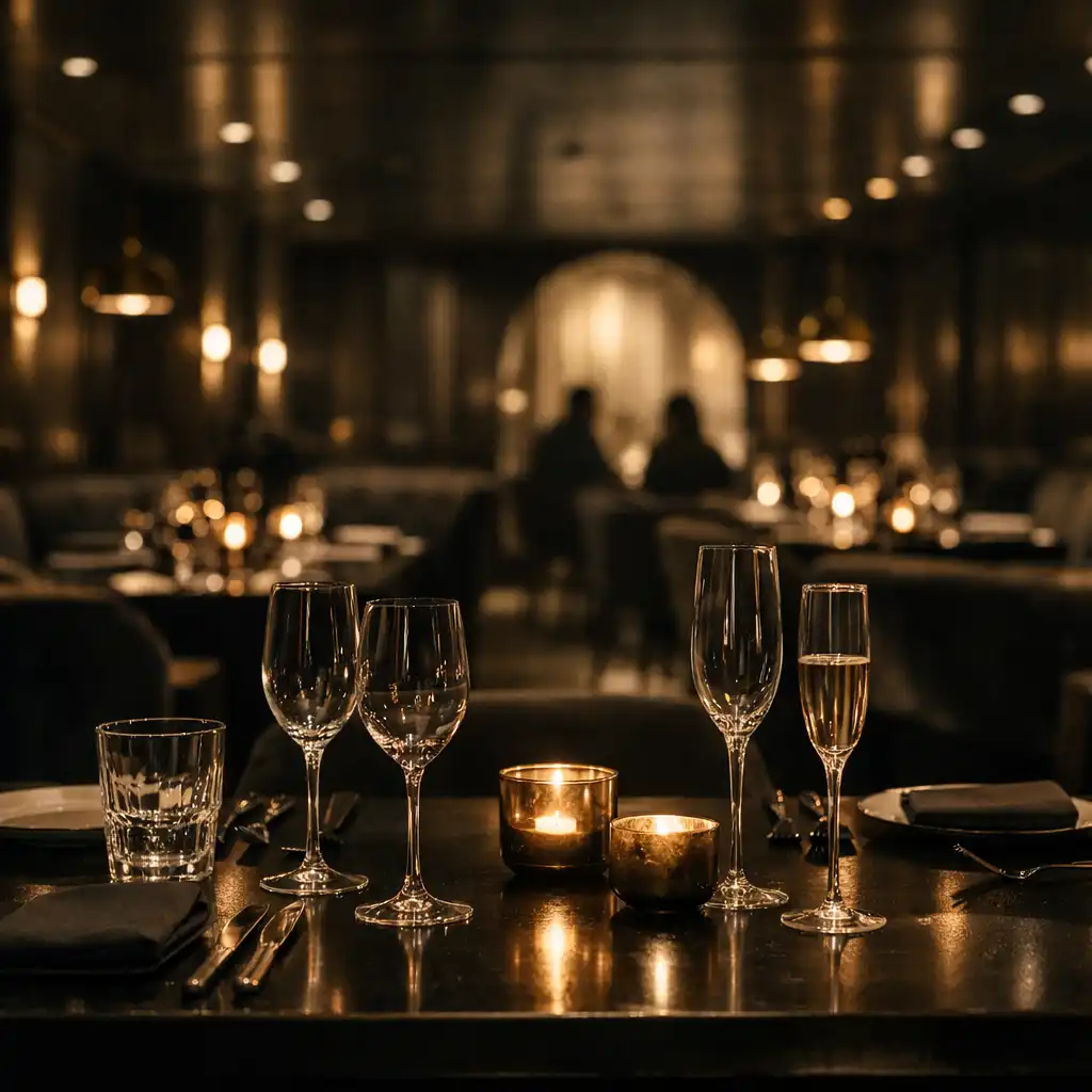 Intimní fine dining sál s prostřeným tmavým stolem a teplým večerním světlem