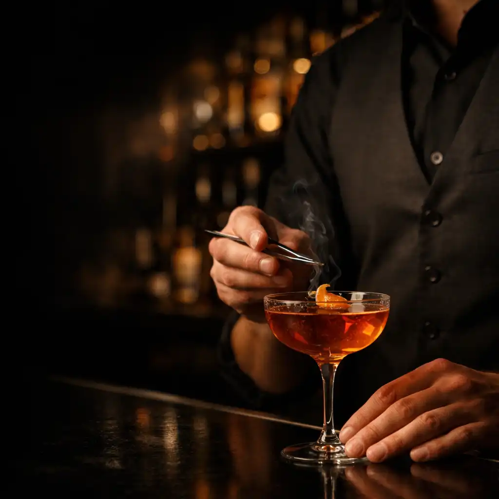 Barman dokončuje autorský koktejl v teplém světle luxusního baru