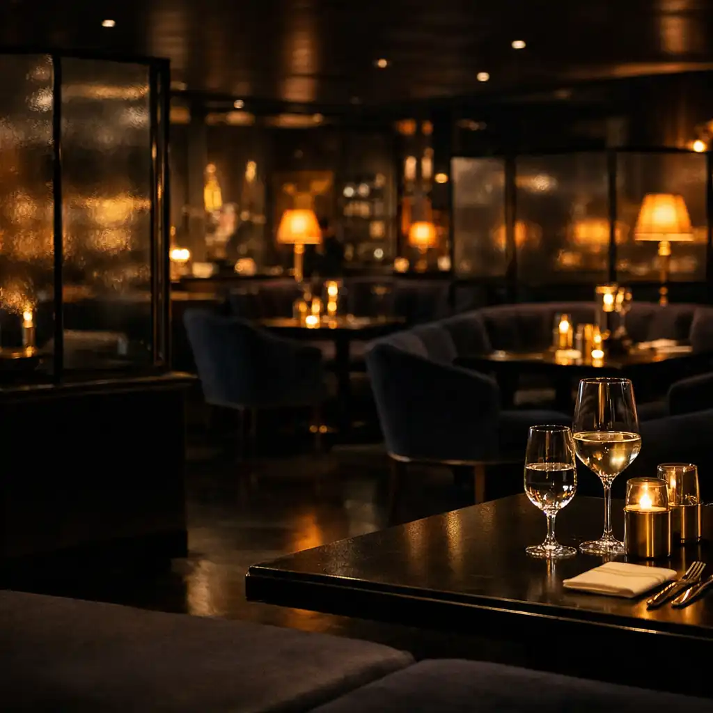 Temný luxusní interiér restaurace a card lounge s jantarovým světlem