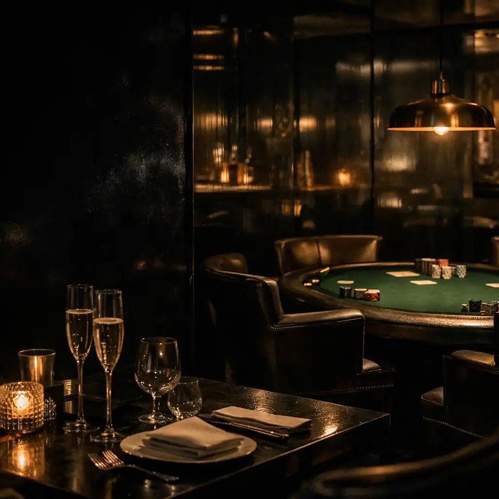 Intimní noční interiér restaurace a card lounge s teplým světlem a stolem