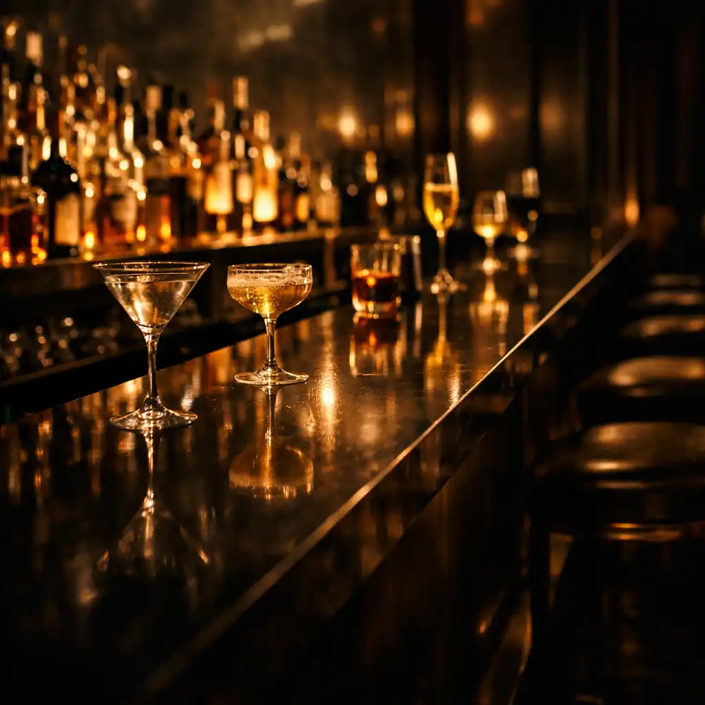 Podsvícený koktejlový bar s kouřovým sklem a teplými odlesky