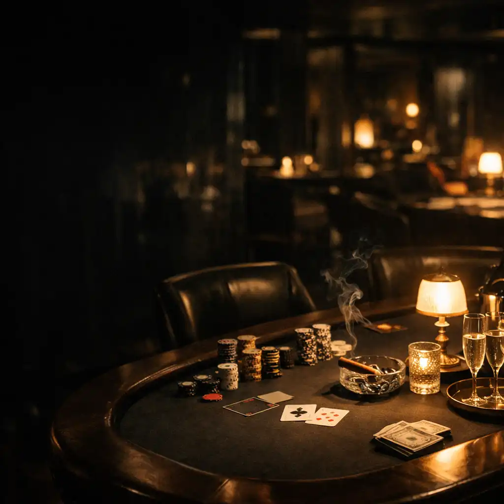 Tlumený interiér Card Lounge s prostřeným stolem a teplými odlesky