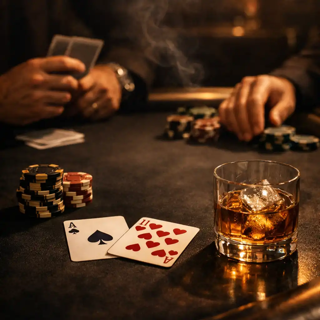 Detail rukou dospělých hostů, karet a žetonů na tmavém pokerovém stole