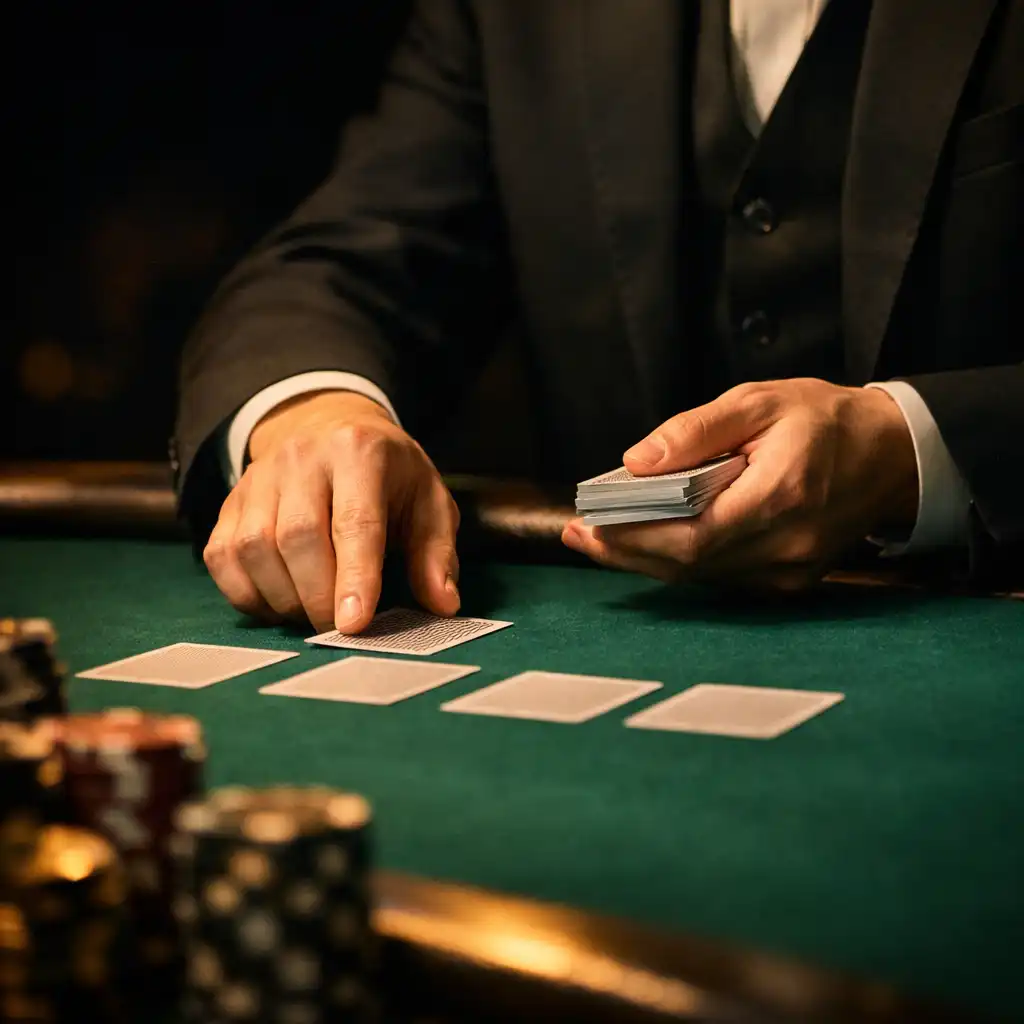 Ruce profesionálního dealera rozdávající karty na smaragdovém pokerovém stole
