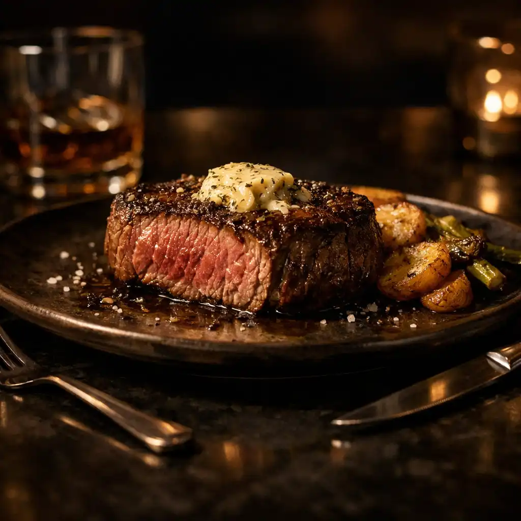 Prémiový steak na tmavém keramickém talíři v teplém večerním světle