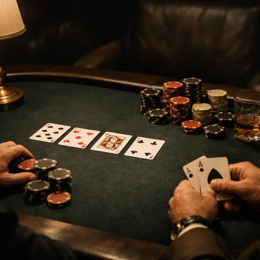 Ruce dospělých hostů a karty u tmavého stolu v soukromé card lounge
